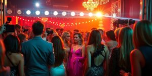 Glamorous celebrity event with attendees and flashing cameras.