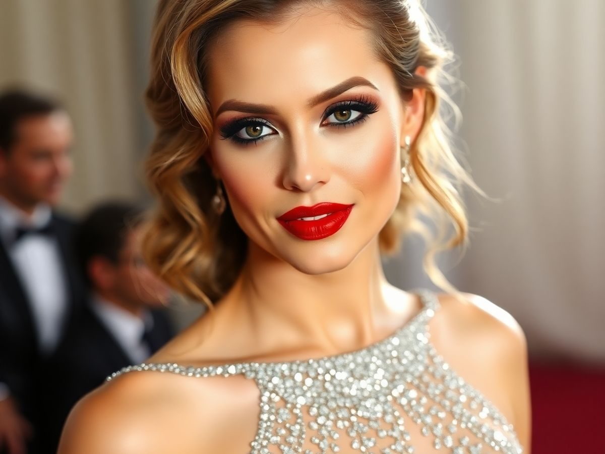 Model cu machiaj glam de covor roșu.